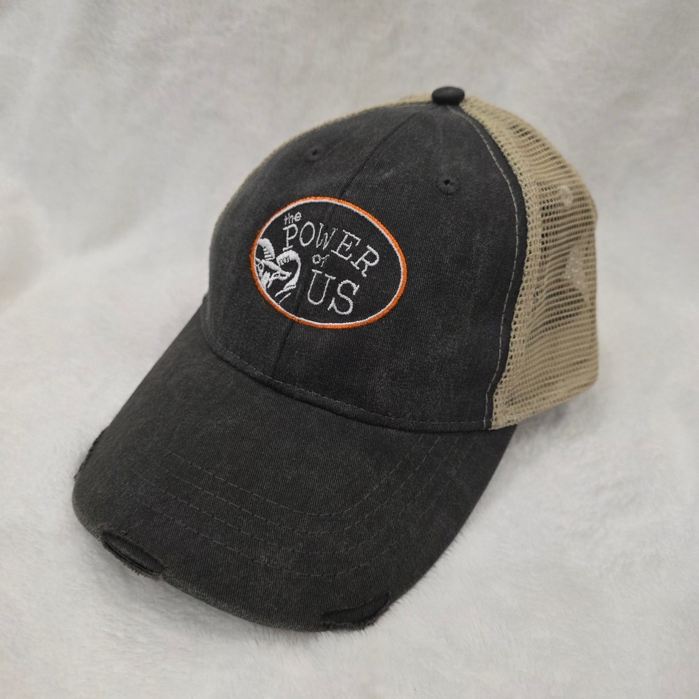 Adams The Power of Us Trucker Hat Distressed Mesh Snapback Gray Tan Vintage Cap